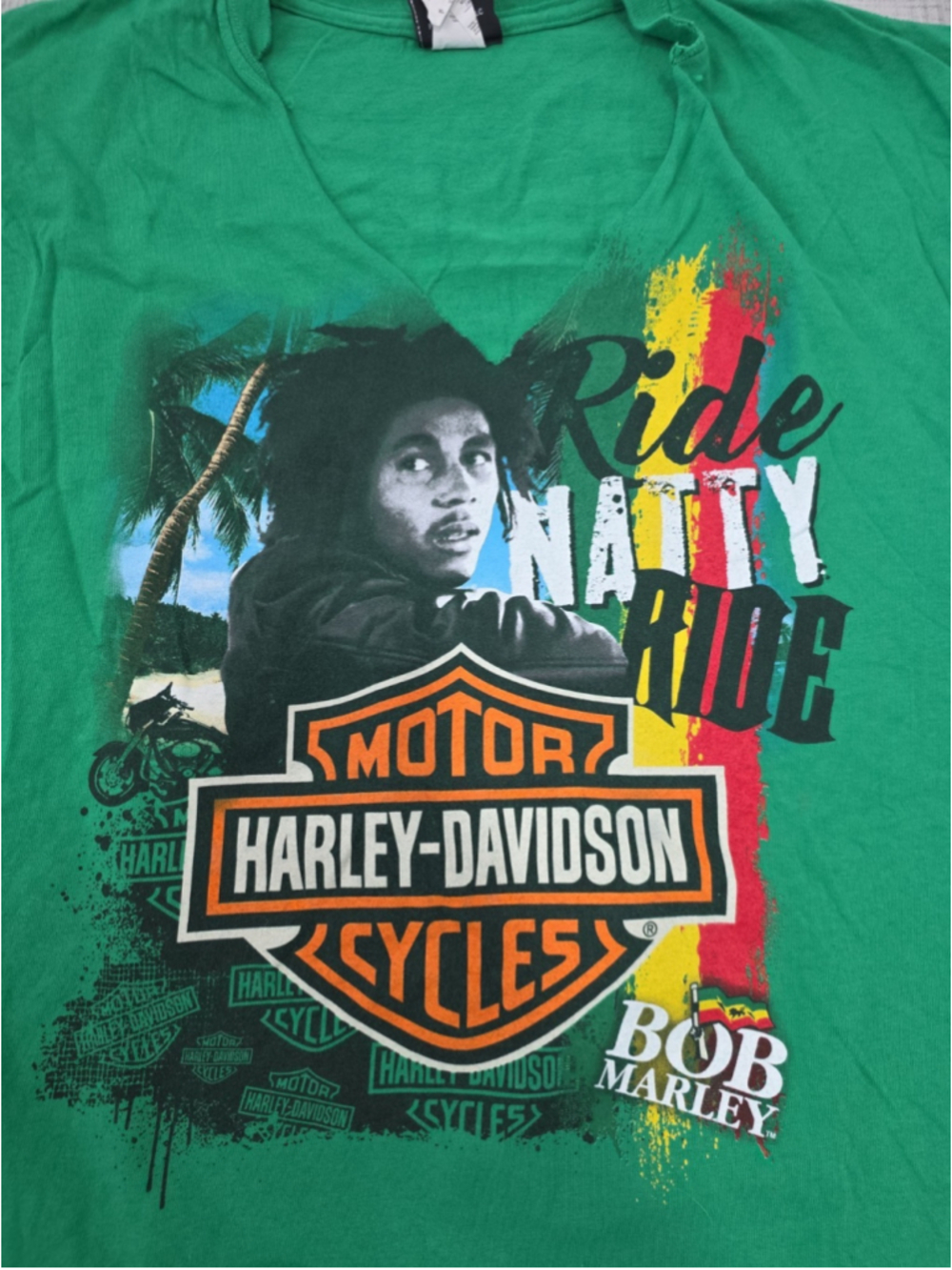 Harley Davidson Bob Marley Green V neck Shirt Size XL